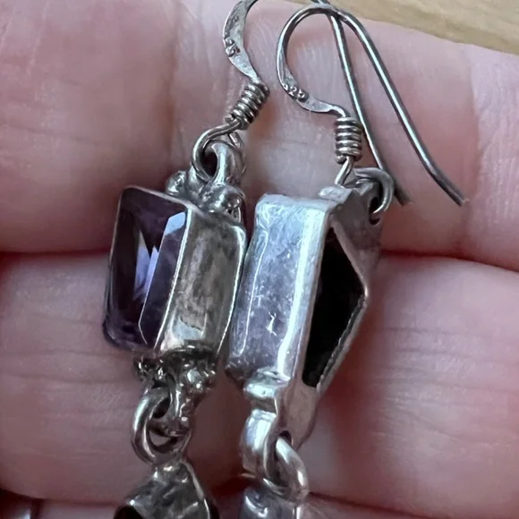 VINTAGE AMETHYST GARNET DROP DANGLE LONG EARRING925 STERLING SILVER UNIQUE CUT